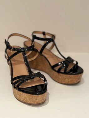 Kate Spade Black Patent Cork Platform Wedge Sandals - Women
